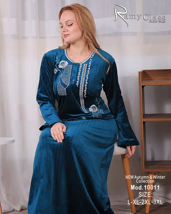 جلابية شتوي قطيفة سادة مطرزة بأكمام واسعة – موديل 10011 | Ramy Class