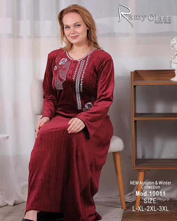 جلابية شتوي قطيفة سادة مطرزة بأكمام واسعة – موديل 10011 | Ramy Class