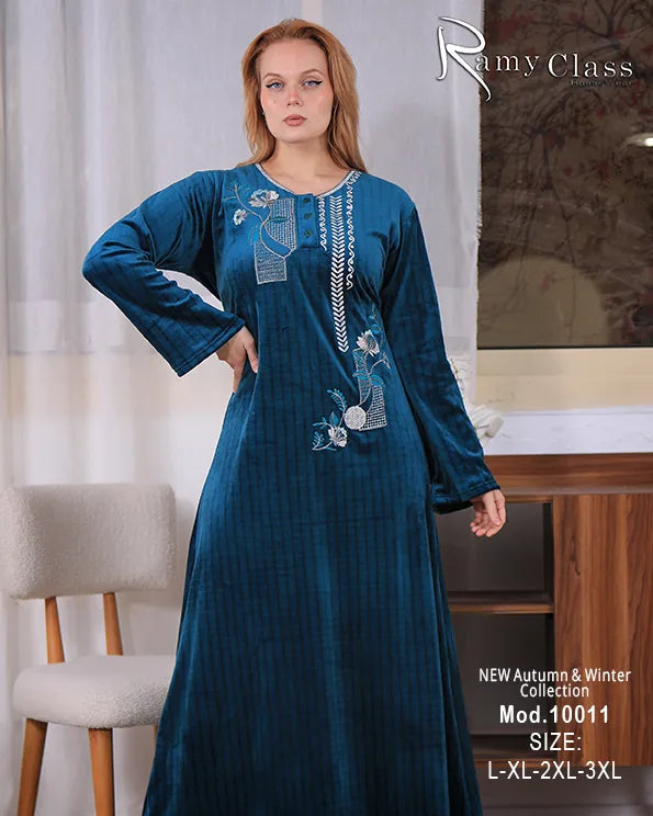 جلابية شتوي قطيفة سادة مطرزة بأكمام واسعة – موديل 10011 | Ramy Class