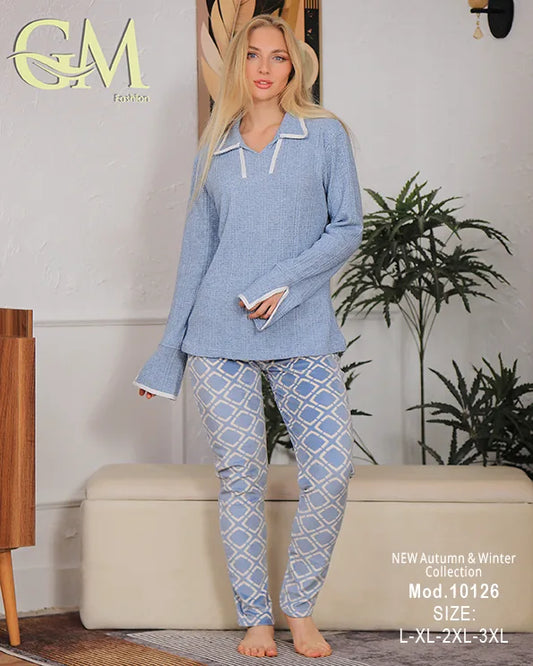 10126بيجامة شتوي حريمي قطيفة ناعمة مزينة بتفاصيل راقية – موديل 10126 – مقاسات حتى 3XL