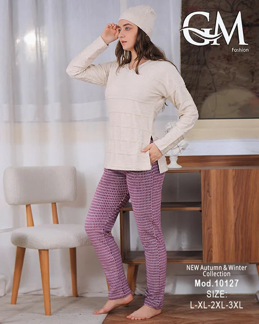 بيجامة شتوي حريمي قطيفة مزخرفة بقبعة – موديل 10127 – GM Fashion