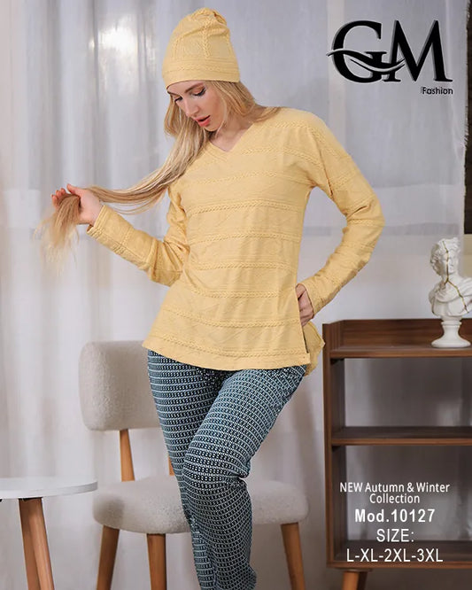 بيجامة شتوي حريمي قطيفة مزخرفة بقبعة – موديل 10127 – GM Fashion