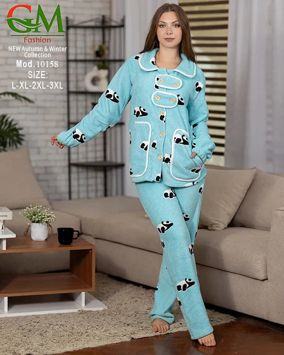 10158بيجامة حريمي Fleece مبطن GM Fashion موديل 10158 | أطقم شتوي برسومات مريحة