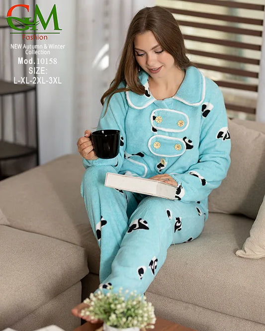 10158بيجامة حريمي Fleece مبطن GM Fashion موديل 10158 | أطقم شتوي برسومات مريحة