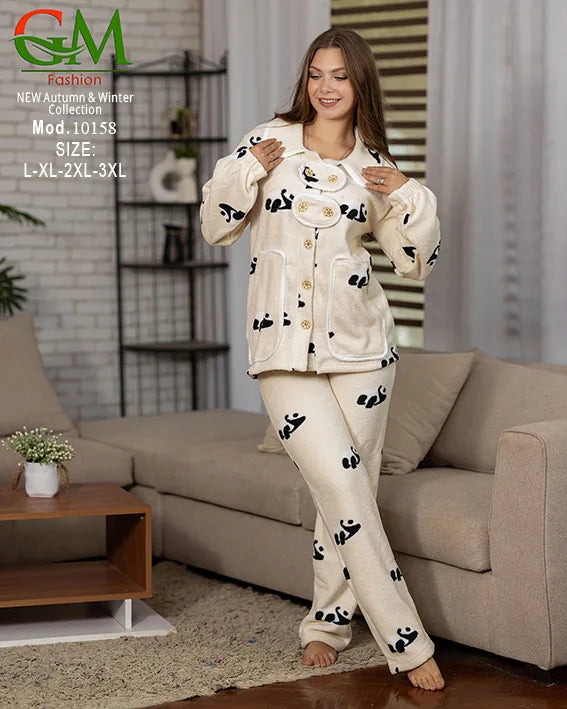 10158بيجامة حريمي Fleece مبطن GM Fashion موديل 10158 | أطقم شتوي برسومات مريحة