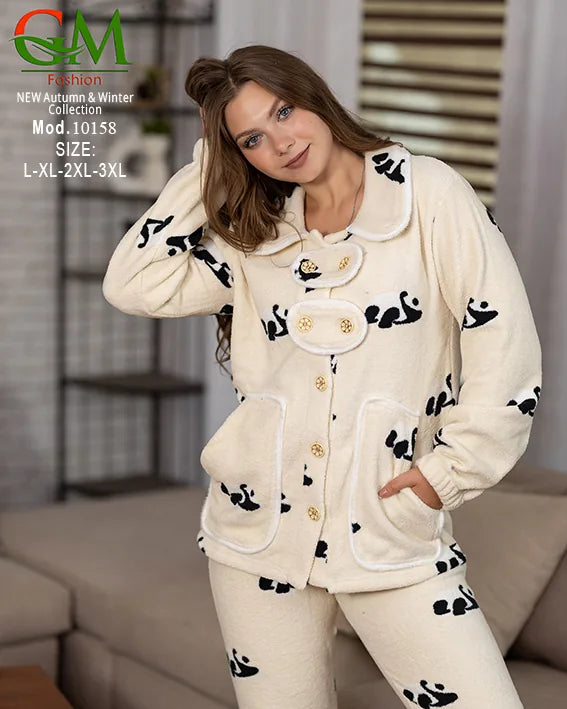 10158بيجامة حريمي Fleece مبطن GM Fashion موديل 10158 | أطقم شتوي برسومات مريحة