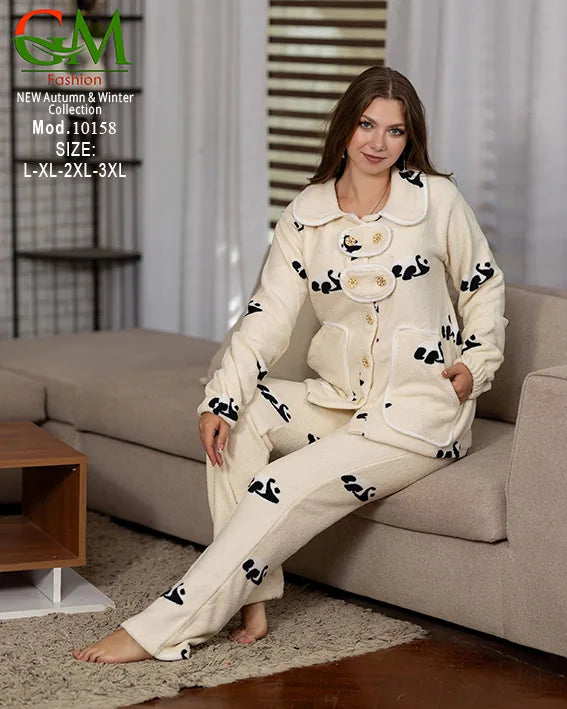 10158بيجامة حريمي Fleece مبطن GM Fashion موديل 10158 | أطقم شتوي برسومات مريحة