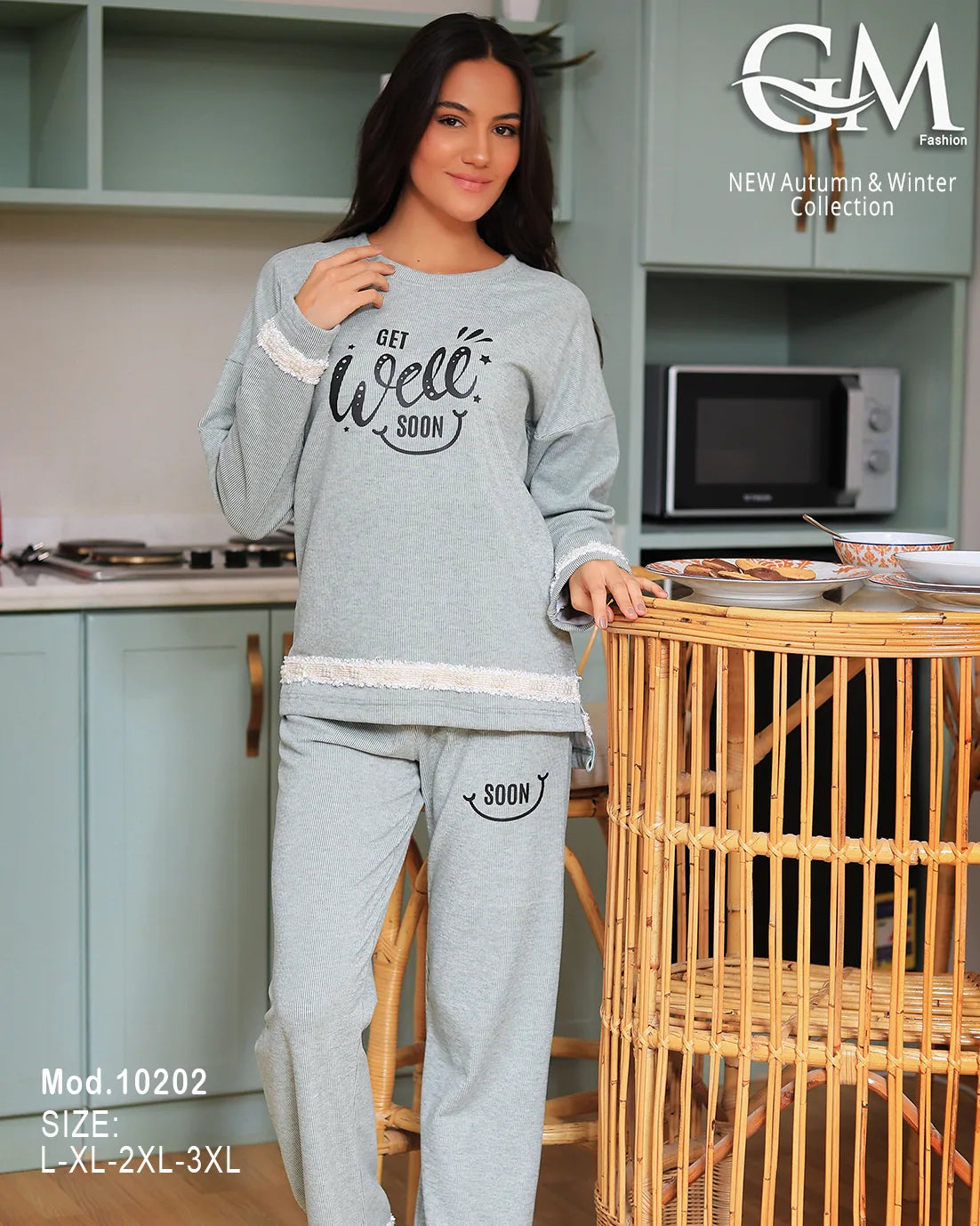 بيجامة شتوي قطن مزخرفة حريمي – موديل 10202 | GM Fashion