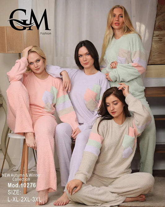 بيجامة شتوي حريمي قطيفة ناعمة مزينة بتفاصيل راقية – موديل 10276– مقاسات حتى 3XL