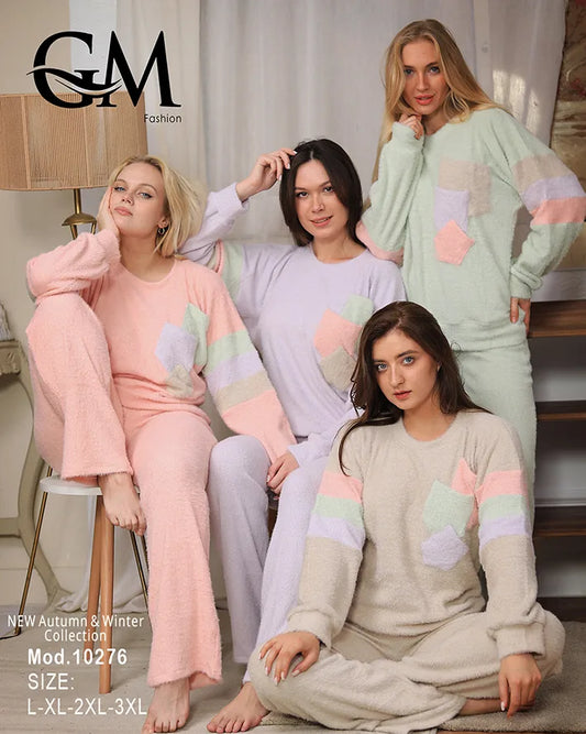 بيجامة شتوي حريمي قطيفة ناعمة مزينة بتفاصيل راقية – موديل 10276– مقاسات حتى 3XL