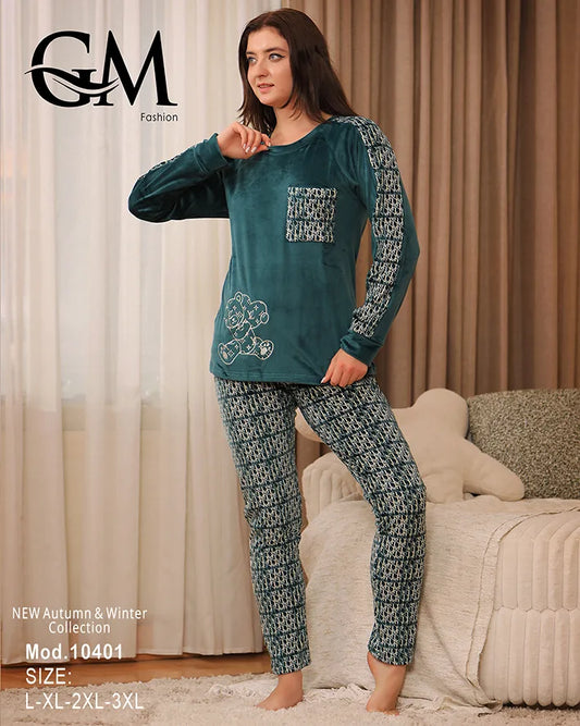 طقم بيجامة شتوي نسائي GM Fashion | موديل 10401 بزخارف ودب