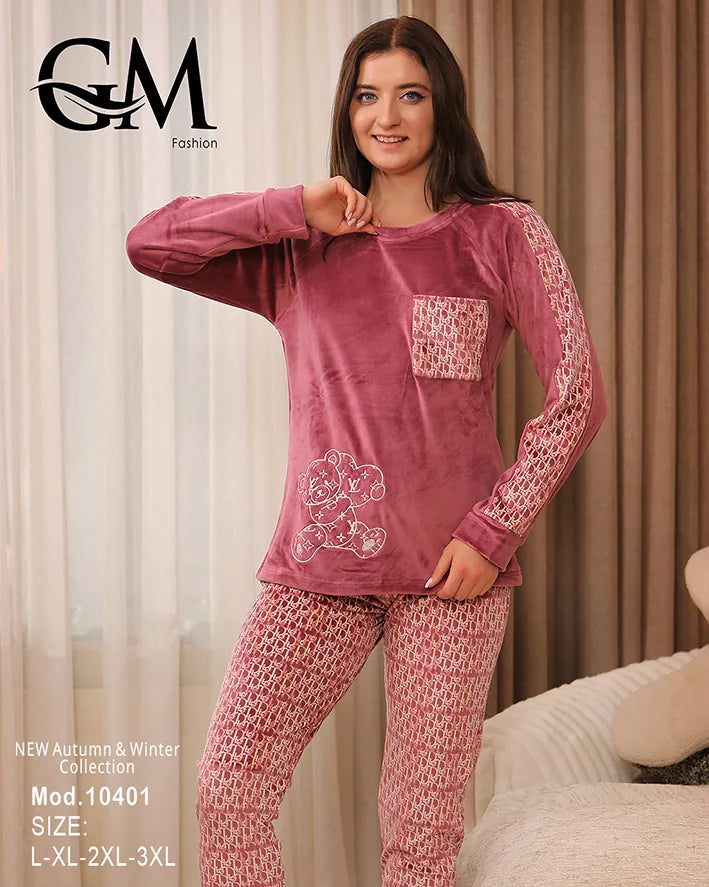 طقم بيجامة شتوي نسائي GM Fashion | موديل 10401 بزخارف ودب