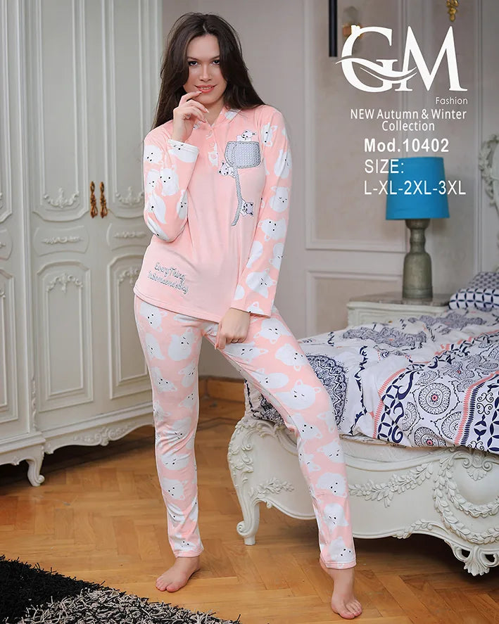 10402طقم بيجامة شتوي نسائي GM Fashion | موديل 10402 برسمه دبدوب