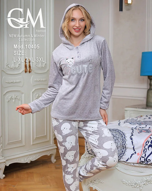 بيجامة شتوي قطن ناعم مع هودي - موديل 10405 - مقاسات L حتى 3XL