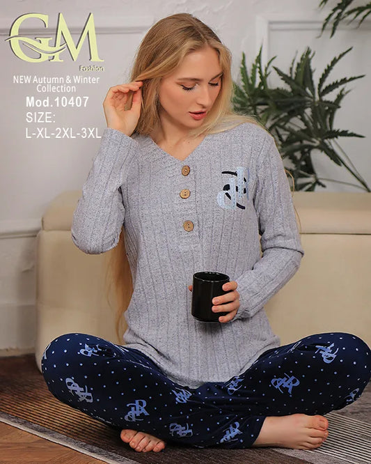 طقم هوم وير شتوي حريمي قطعتين بخامة دافئة | موديل 10407 | GM Fashion