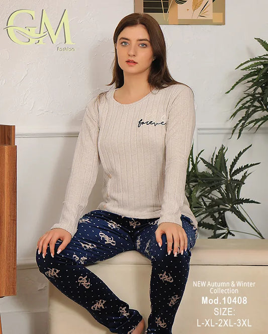بيجامة شتوية حريمي قطيفة ناعمة بألوان هادئة – GM Fashion – موديل 10408