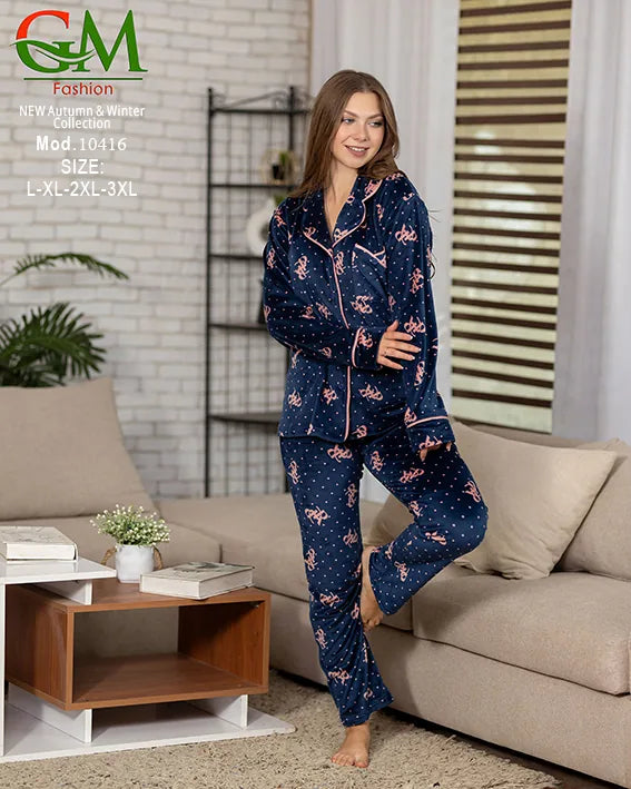 بيجامة قطيفة حريمي كلاسيك GM Fashion | موديل 10416 طقم استقبال شتوي بأزرار