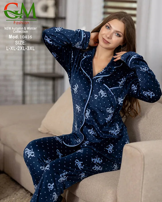 بيجامة قطيفة حريمي كلاسيك GM Fashion | موديل 10416 طقم استقبال شتوي بأزرار