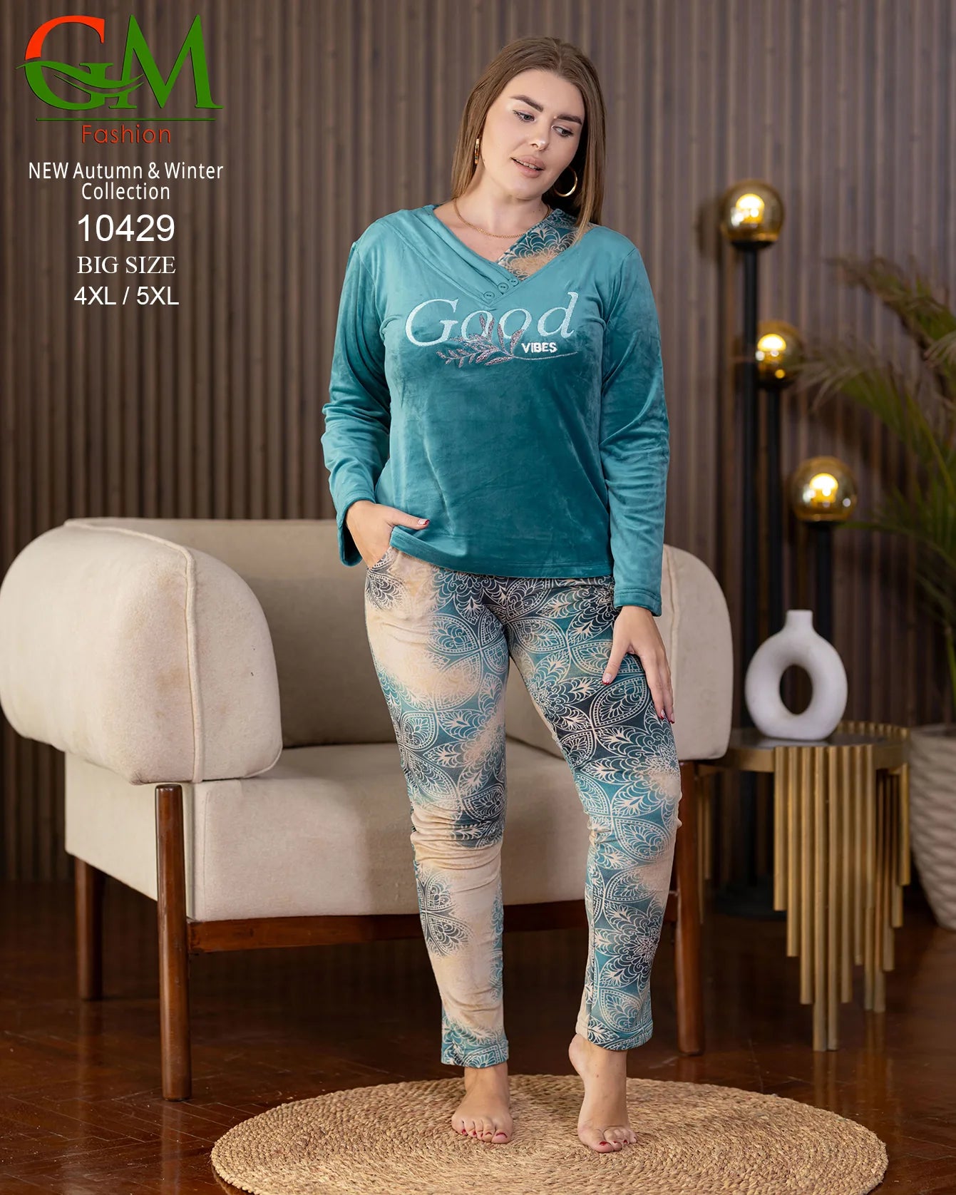 بيجامة قطيفة مبطنة حريمي GM Fashion | موديل 10429 طقم استقبال شتوي للعروس