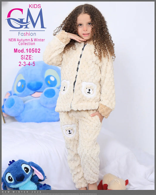طقم شتوي بناتي قطيفة فرو بغطاء رأس وأشكال دب | موديل 10502 | GM Kids