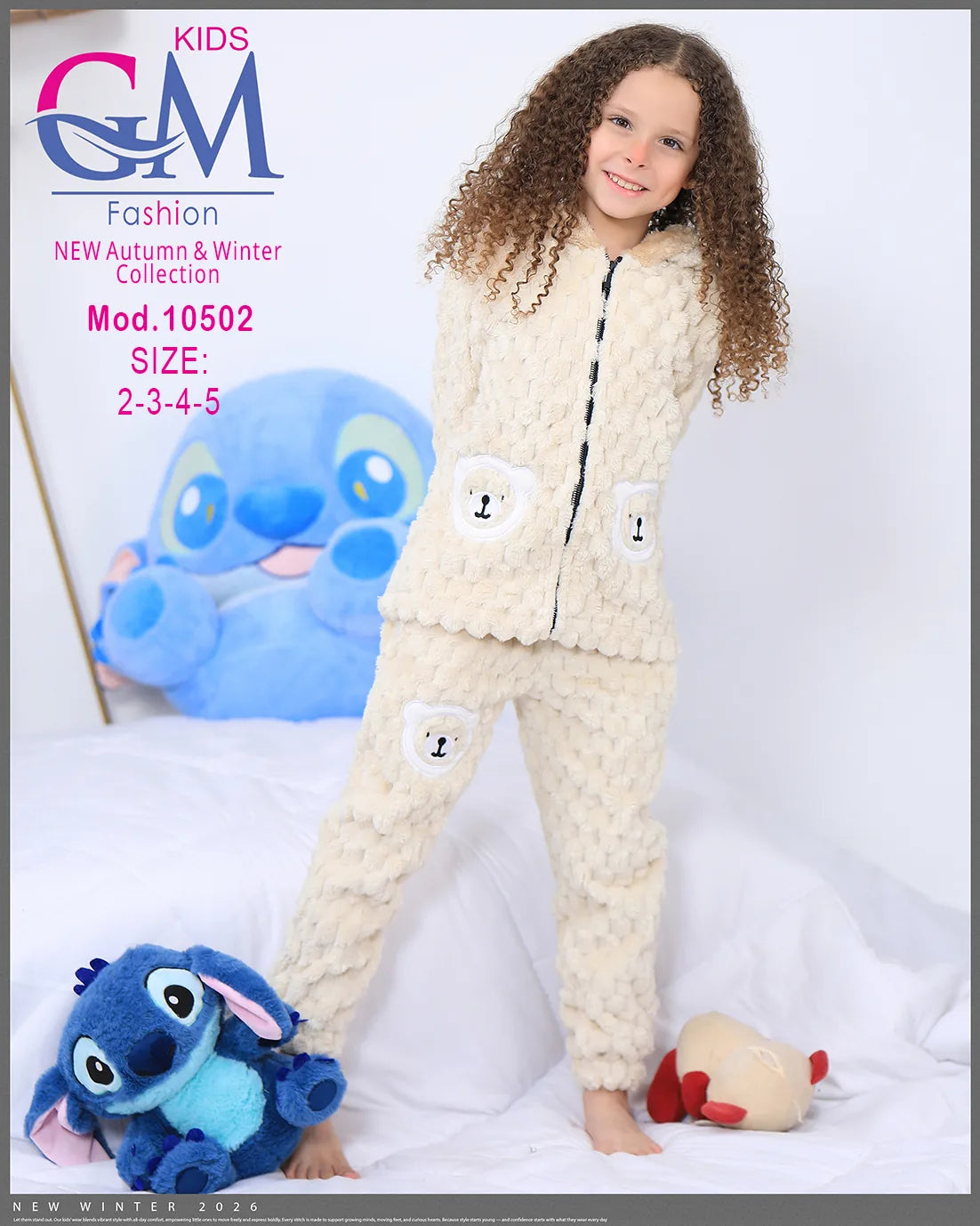 طقم شتوي بناتي قطيفة فرو بغطاء رأس وأشكال دب | موديل 10502 | GM Kids