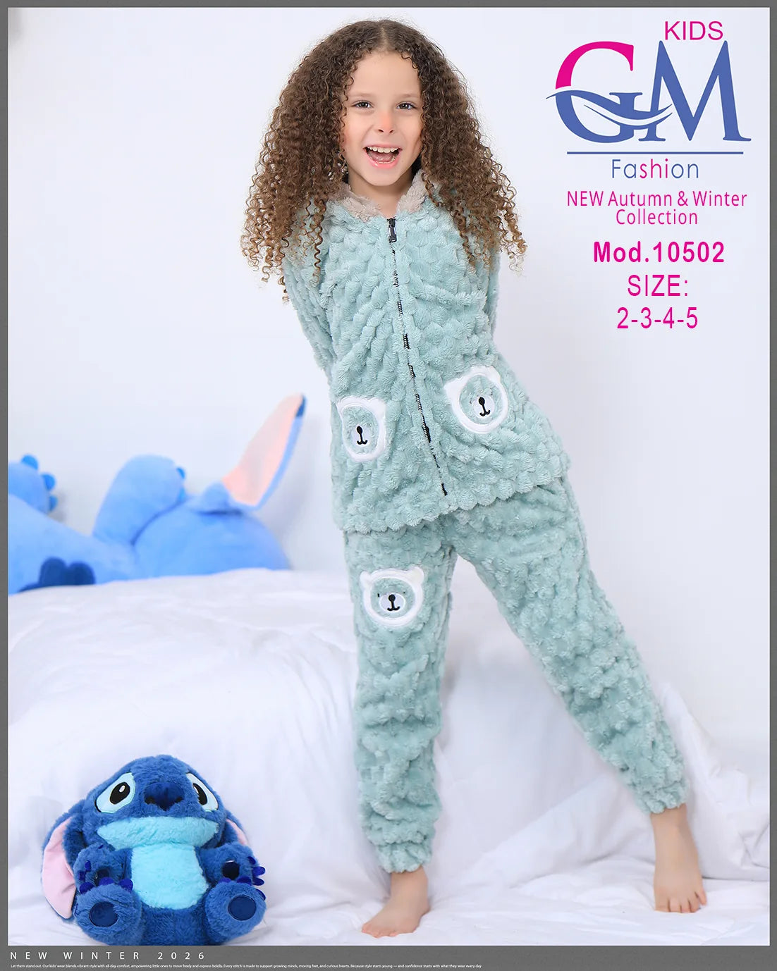 طقم شتوي بناتي قطيفة فرو بغطاء رأس وأشكال دب | موديل 10502 | GM Kids
