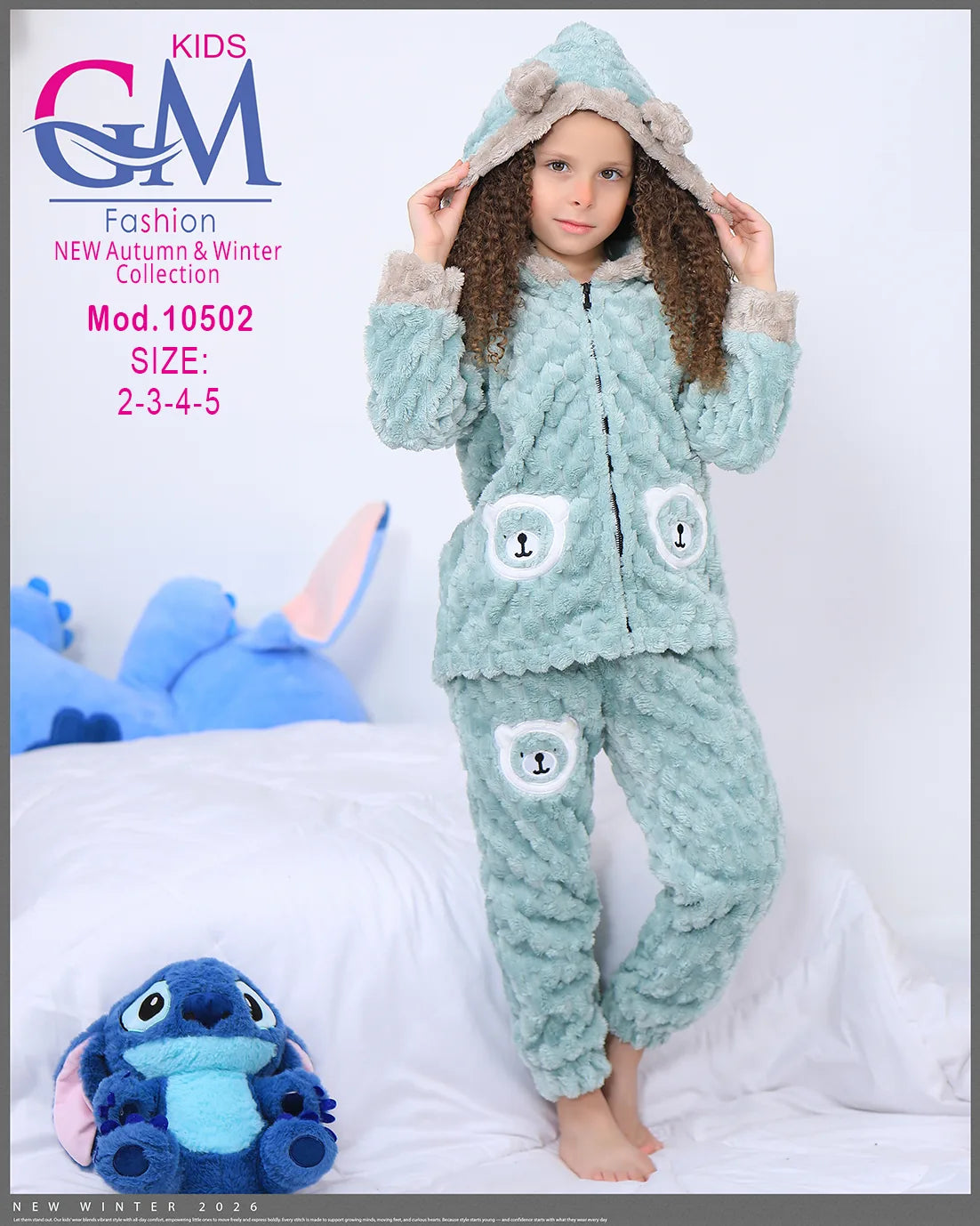 طقم شتوي بناتي قطيفة فرو بغطاء رأس وأشكال دب | موديل 10502 | GM Kids