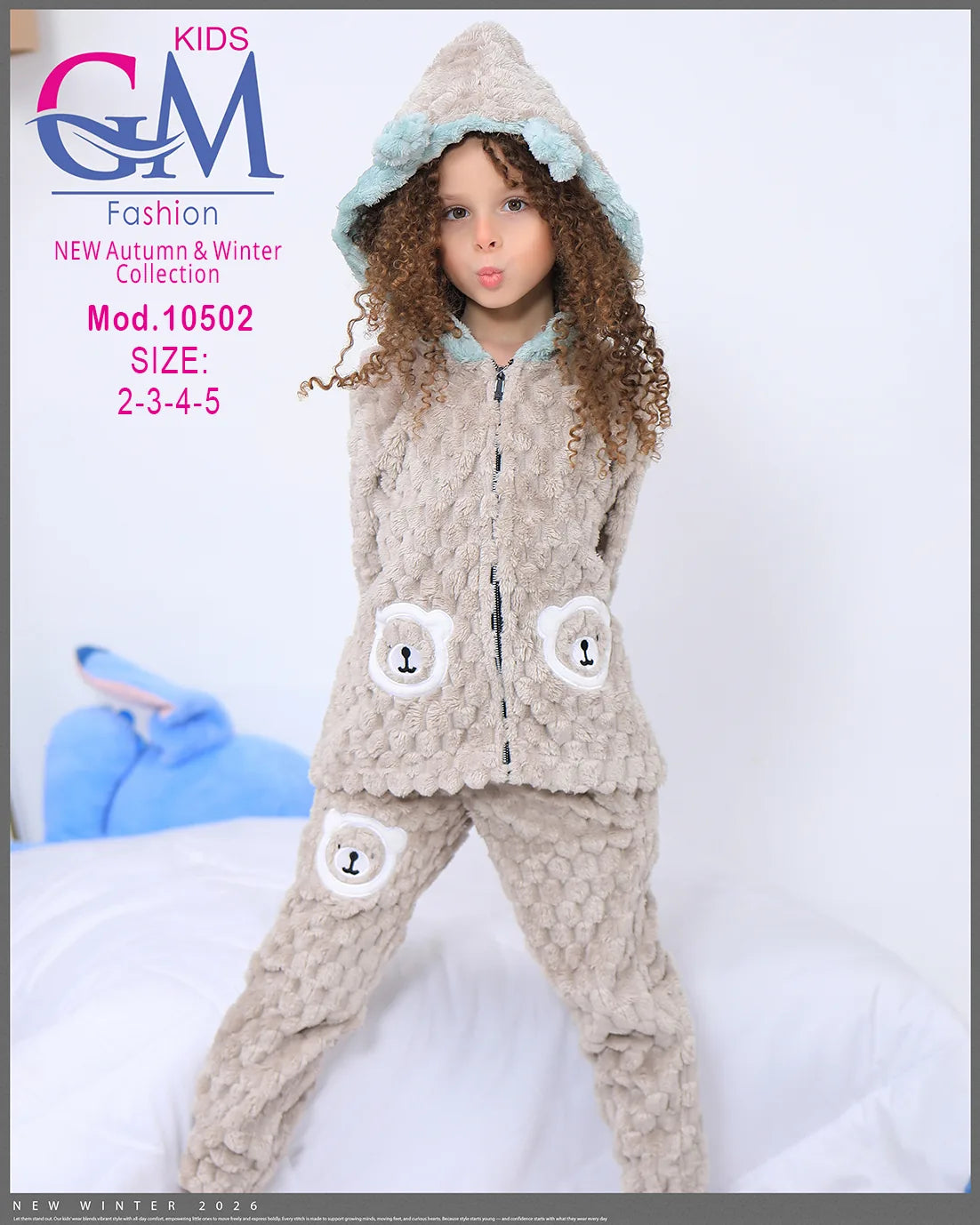 طقم شتوي بناتي قطيفة فرو بغطاء رأس وأشكال دب | موديل 10502 | GM Kids