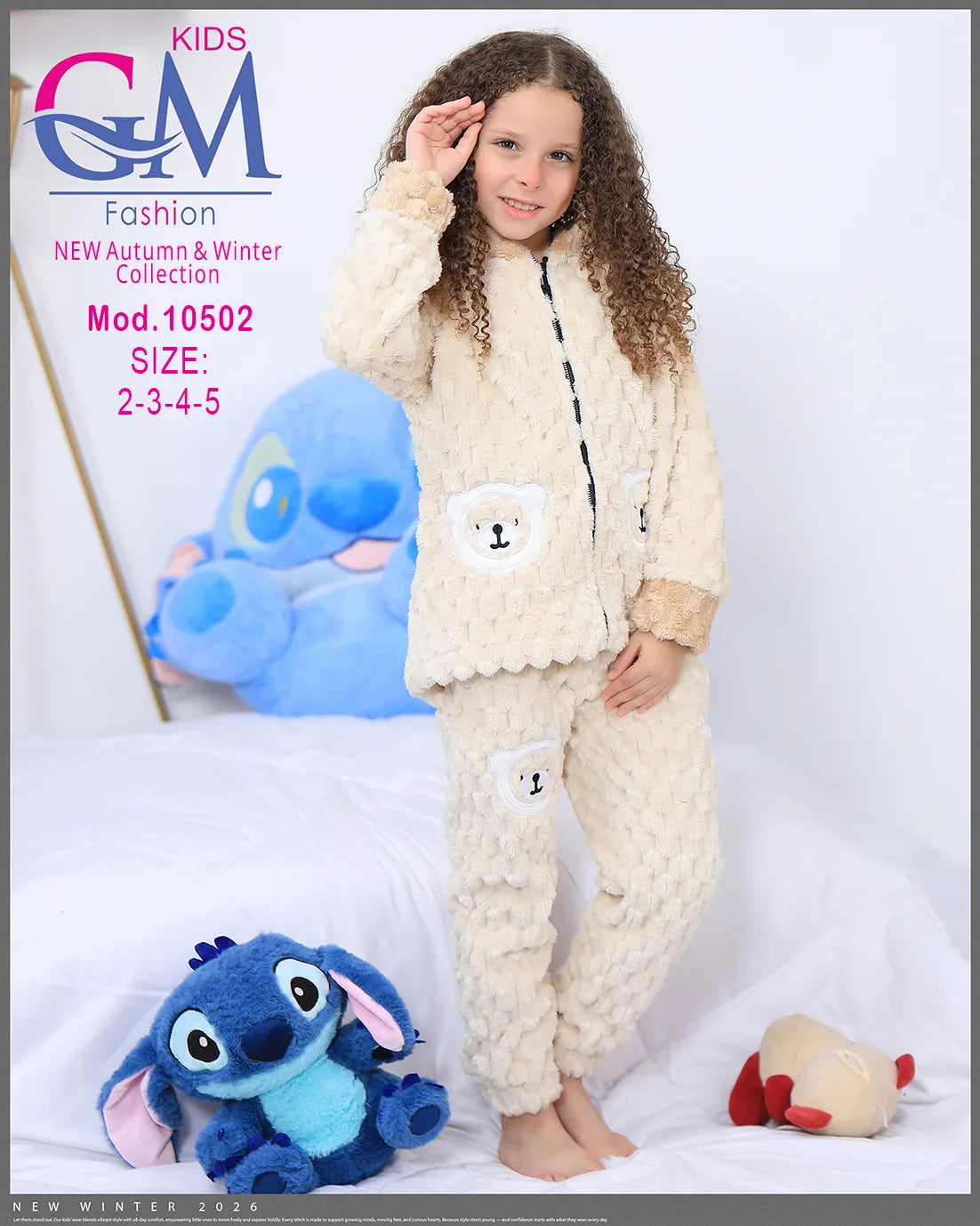 طقم شتوي بناتي قطيفة فرو بغطاء رأس وأشكال دب | موديل 10502 | GM Kids