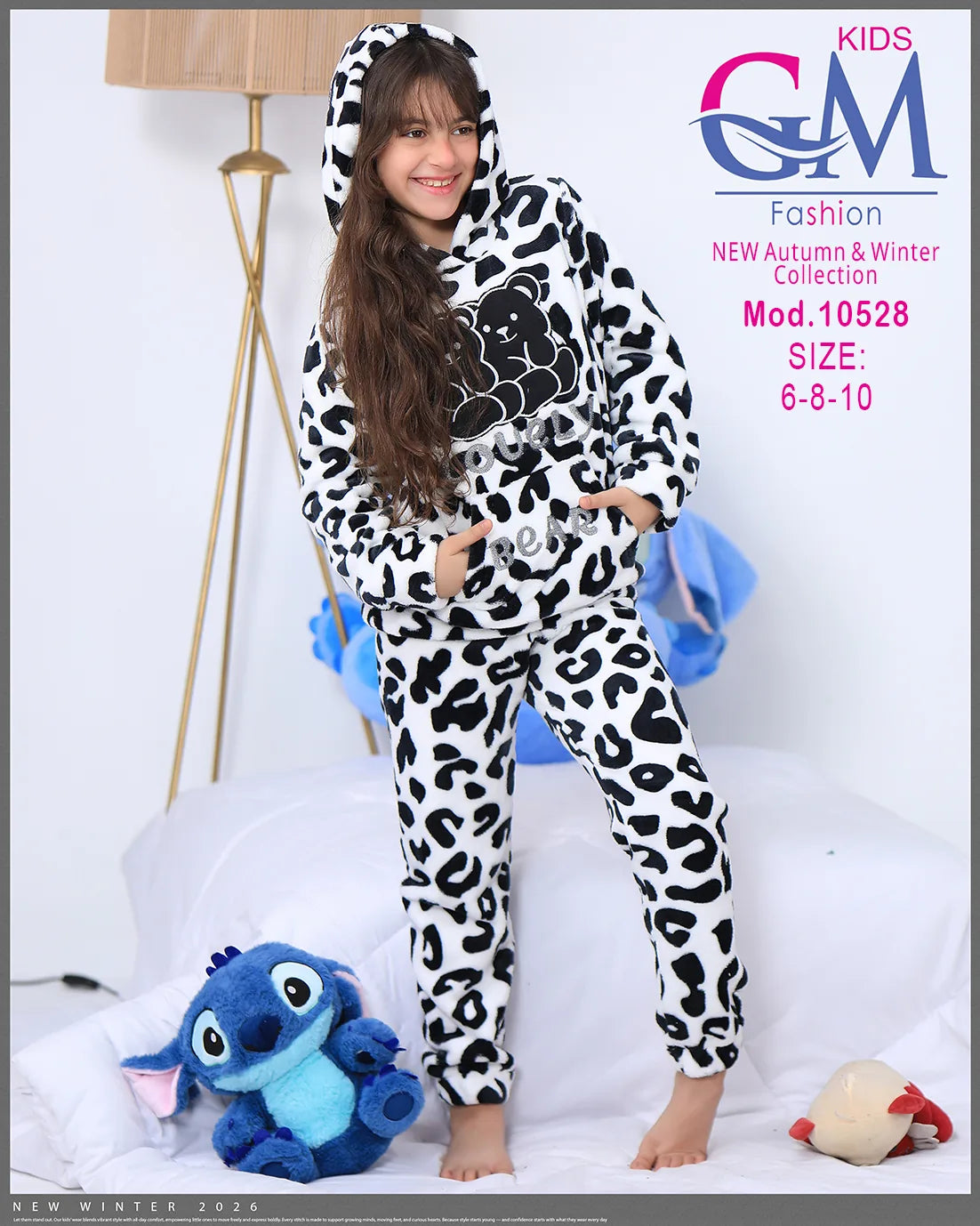ترنج شتوي بناتي فرو دافئ بجيوب ودببة – موديل 10528 من GM Kids