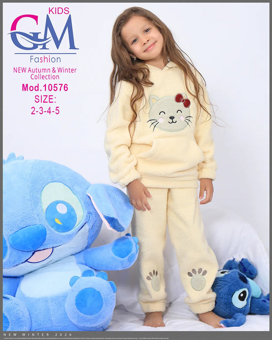 طقم شتوي فرو ناعم للبنات بكابيشون — موديل 10576 — مقاسات 2–3–4–5 سنوات