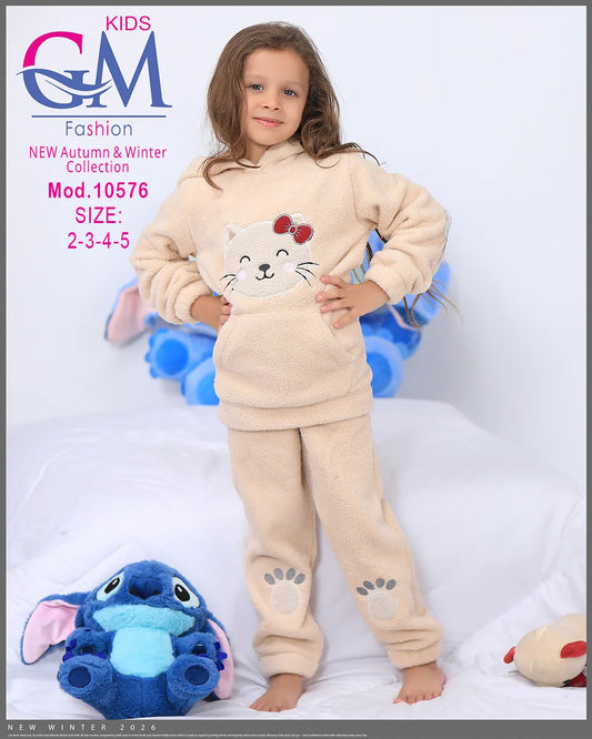 طقم شتوي فرو ناعم للبنات بكابيشون — موديل 10576 — مقاسات 2–3–4–5 سنوات