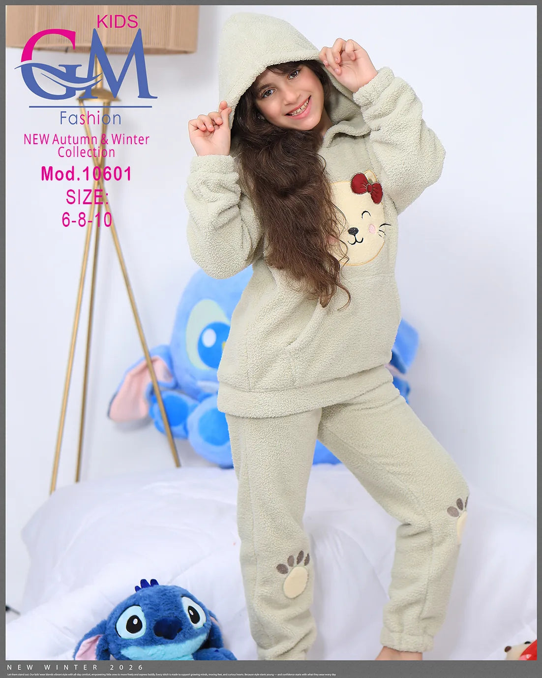 ترنج شتوي فرو برسمة قطة – موديل 10601 – مقاسات 6-8-10 سنوات | GM Kids