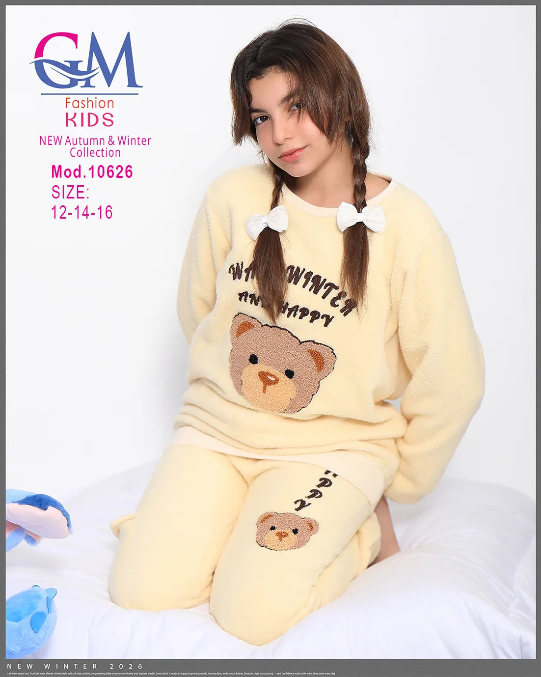 طقم بيجامة بناتي شتوي GM Kids | موديل 10626 بتصميم جاكيت مربعات