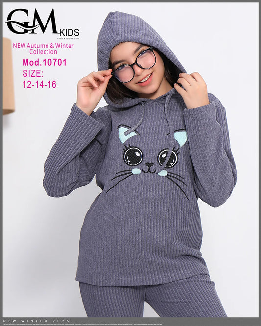 طقم بيجامة بناتي شتوي GM Kids | موديل 10701 بتطريز أنيق