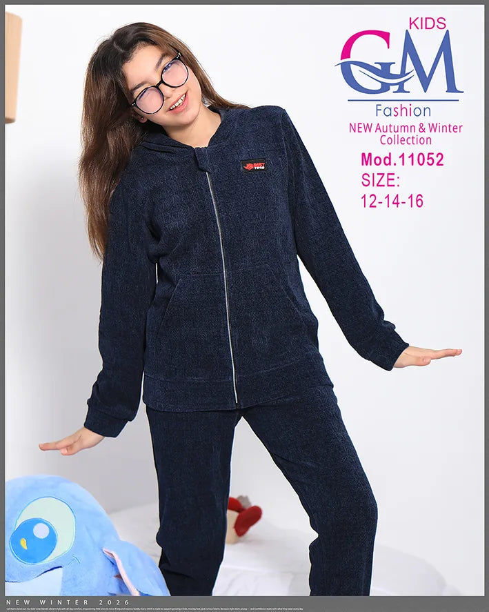 طقم بيجامة بناتي شتوي GM Kids | موديل 11052 بطبعة لطيفة وجيب