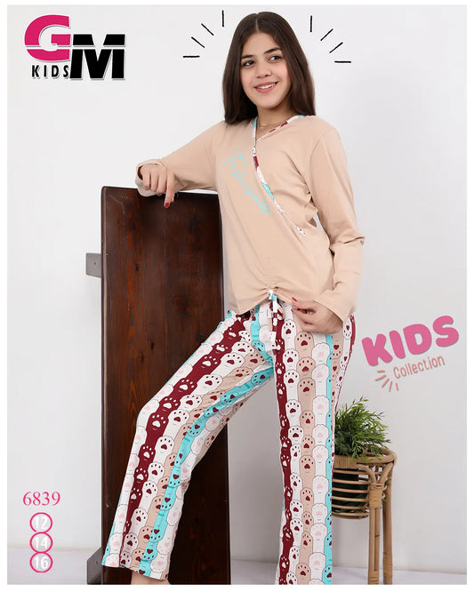 طقم بناتي صيفي قطن – موديل 6839 من GM Kids | تيشيرت بكم مع بنطلون طويل مطبوع