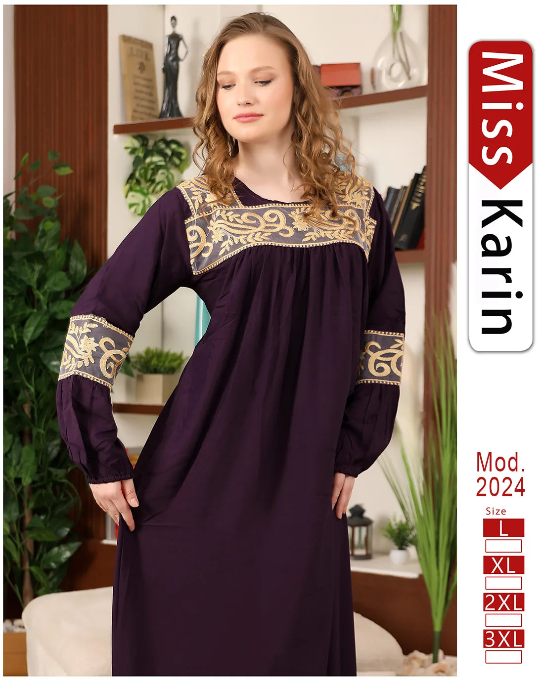 Woman wearing a long dark purple dress with gold embroidery in a room setting, featuring 'Miss Karin' branding.