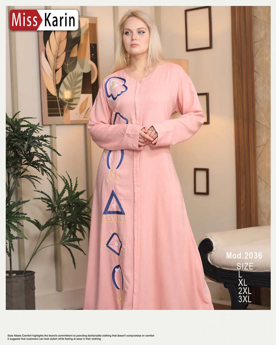 Woman wearing a pink dress with decorative patterns in a room setting, featuring 'Miss Karin' branding.