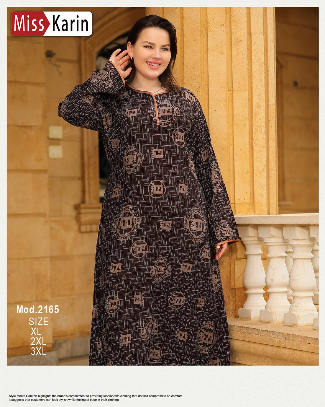 Woman wearing a black patterned dress standing against a beige wall with 'Miss Karin' branding.