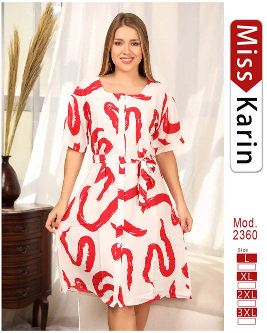 فستان ميدي برباط وسط – قطن مطبوع – موديل 2360 من Miss Karin