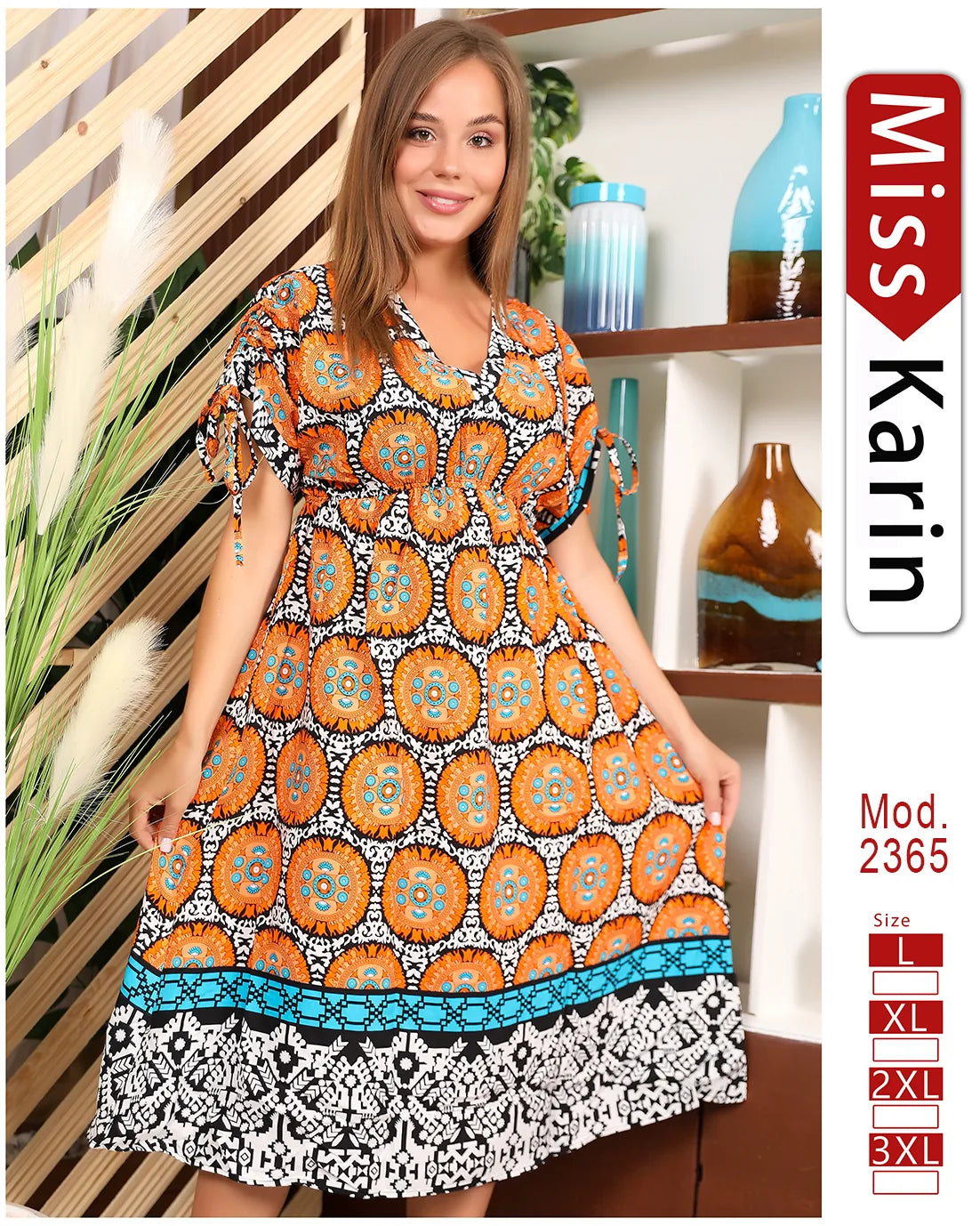 جلابية استقبال صيفي قطن مطبوع – موديل 2365 من Miss Karin – مقاسات حتى 3XL