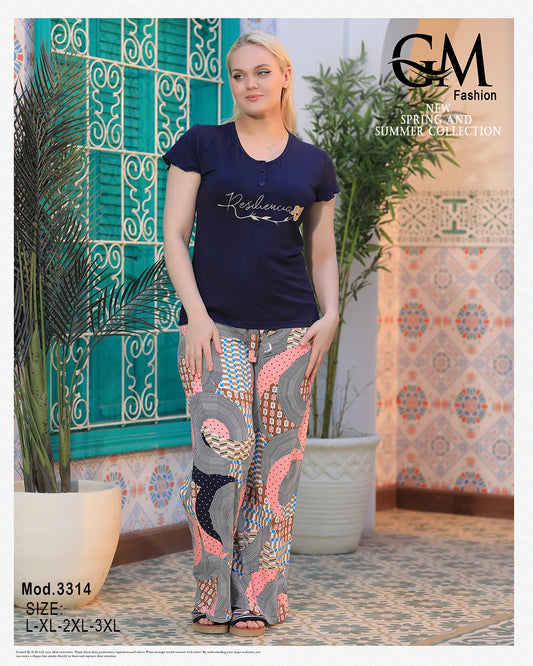 بيجامة صيفي قطن برسمة رقيقة وبنطلون مشجر واسع – موديل 3314 من GM Fashion