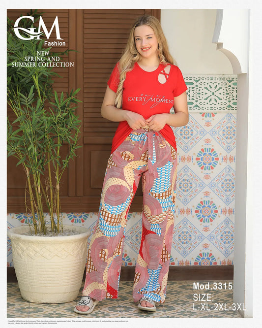 Woman wearing a red top and patterned pants with 'G&M Fashion' branding.
