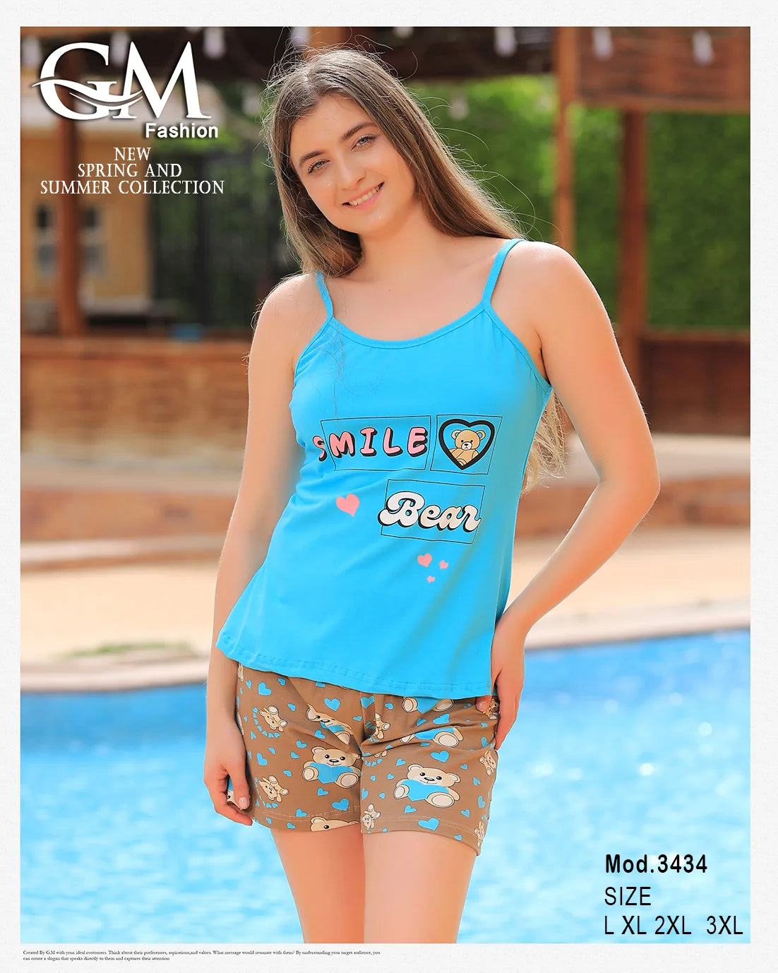 طقم بيتي صيفي حريمي – توب بحمالات مطبوع + شورت – موديل 3434 من GM Fashion