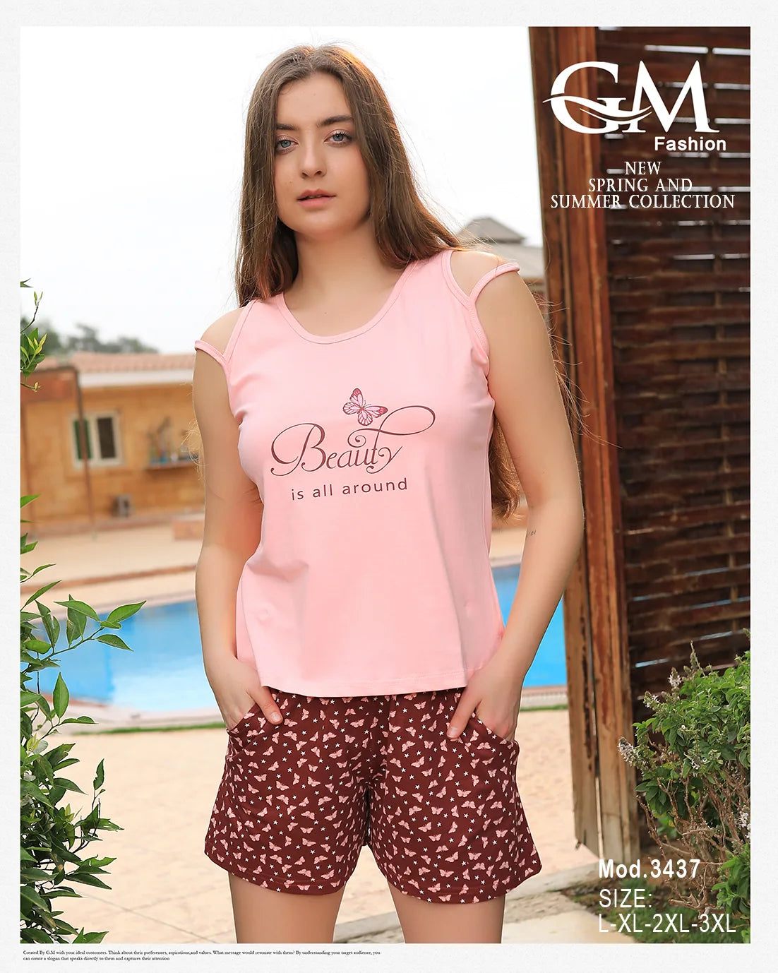 طقم بيتي حريمي صيفي – كت برسمة “Beauty” + شورت منقط – موديل 3437 من GM Fashion