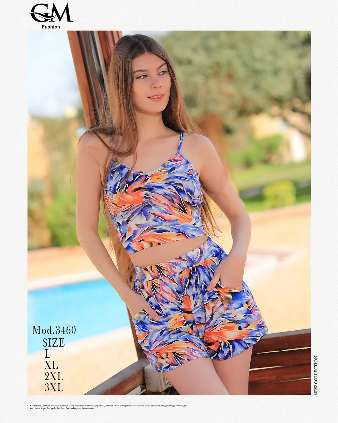 Woman in a colorful swimsuit standing by a pool with a blurred background