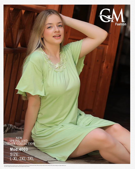 فستان نوم بناتي قطن صيفي بفتحة دانتيل – موديل 4003 من GM Fashion