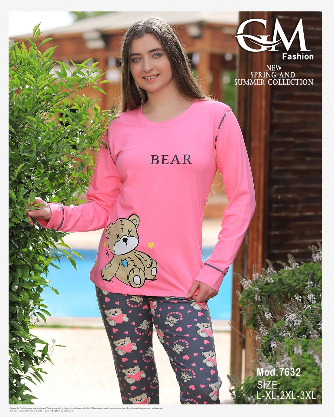 بيجامة قطن صيفي بطبعة دب – موديل 7632 من GM Fashion
