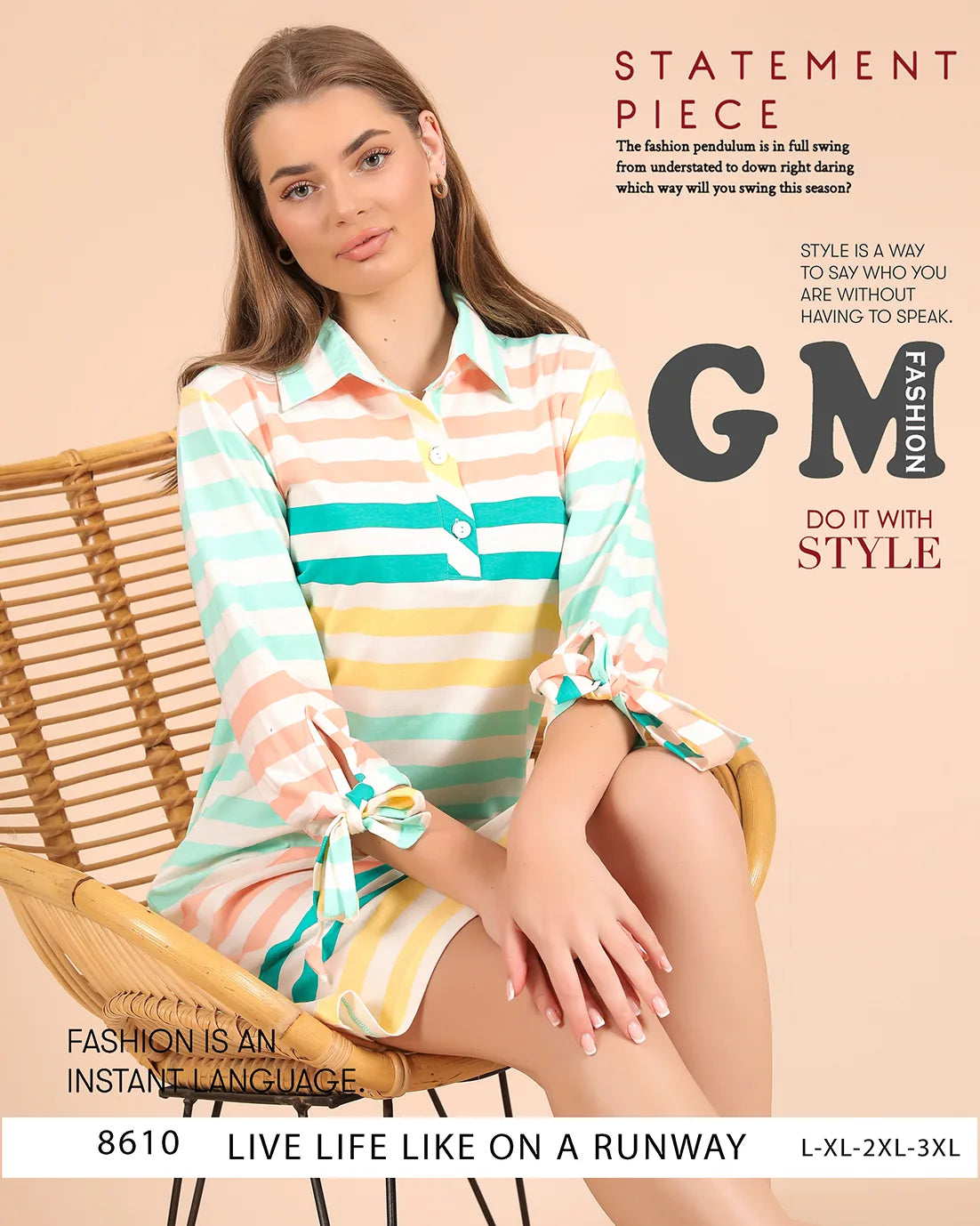 Woman wearing a colorful striped dress with a chair in the background, featuring the brand 'GM Fashion'.